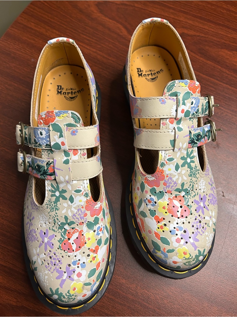 Dr. Martens Beige Floral Mary Jane Flats with Multicolor Print